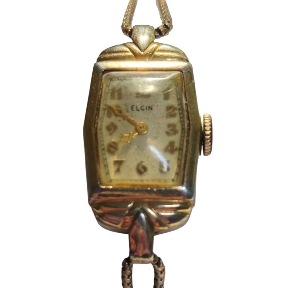 Elgin Gold Tone Womens Mechanical Wristwatch Rectangular Case Chain Band Vintage